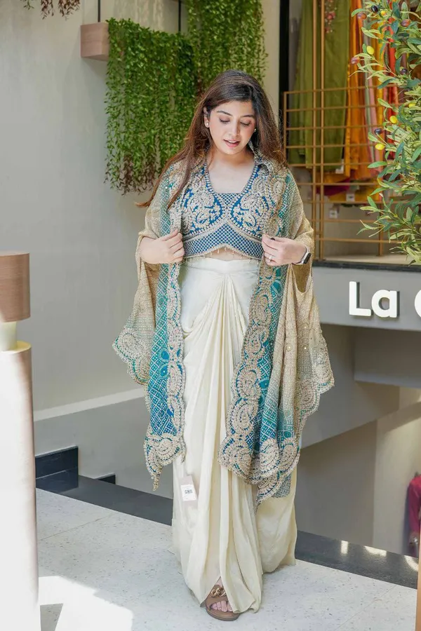Elegant_Teal_Blue_Indowestern_Three_Piece_Dhoti_Set_With_Bandhani_Print_Shrug_For_Women