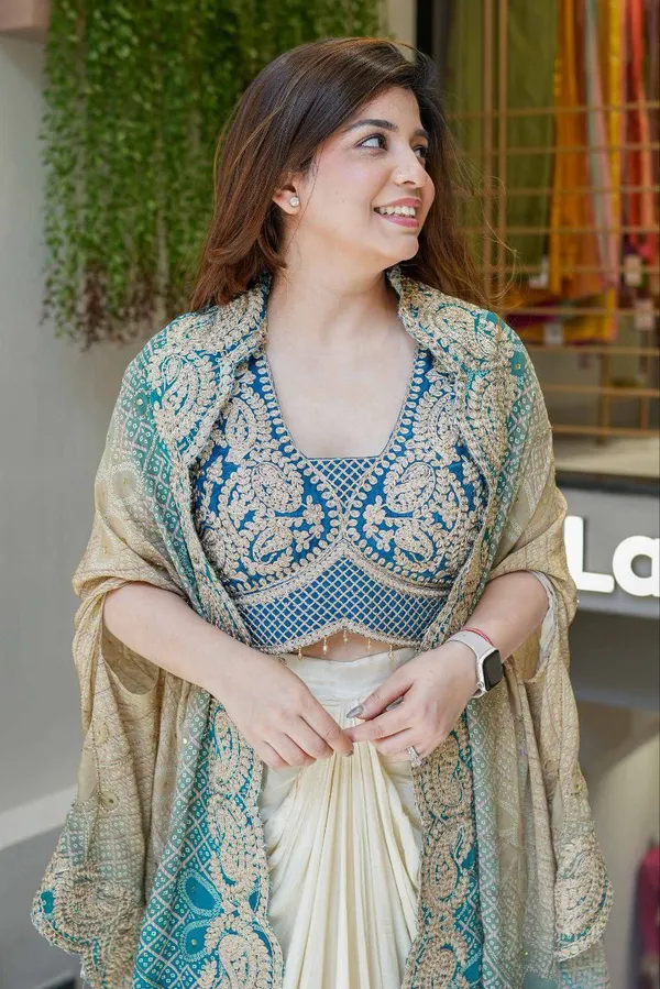 Elegant_Teal_Blue_Indowestern_Three_Piece_Dhoti_Set_With_Bandhani_Print_Shrug_For_Women