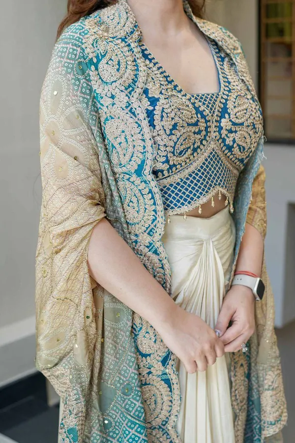 Elegant_Teal_Blue_Indowestern_Three_Piece_Dhoti_Set_With_Bandhani_Print_Shrug_For_Women