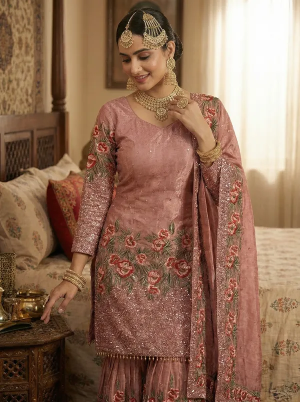 Gajari_Pure_Fendy_Silk_Heavy_Embroidery_Sequence_Kurta_With_Sharara_And_Dupatta_For_Women