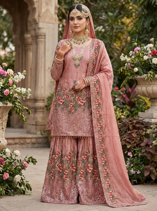 Gajari_Pure_Fendy_Silk_Heavy_Embroidery_Sequence_Kurta_With_Sharara_And_Dupatta_For_Women