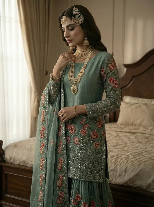 Greyish_Green_Pure_Fendy_Silk_Heavy_Embroidery_Sequence_Kurta_With_Sharara_And_Dupatta_For_Women