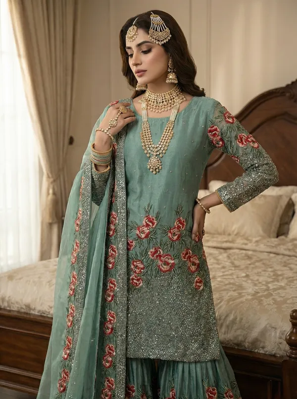 Greyish_Green_Pure_Fendy_Silk_Heavy_Embroidery_Sequence_Kurta_With_Sharara_And_Dupatta_For_Women