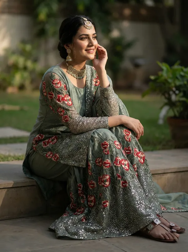 Greyish_Green_Pure_Fendy_Silk_Heavy_Embroidery_Sequence_Kurta_With_Sharara_And_Dupatta_For_Women