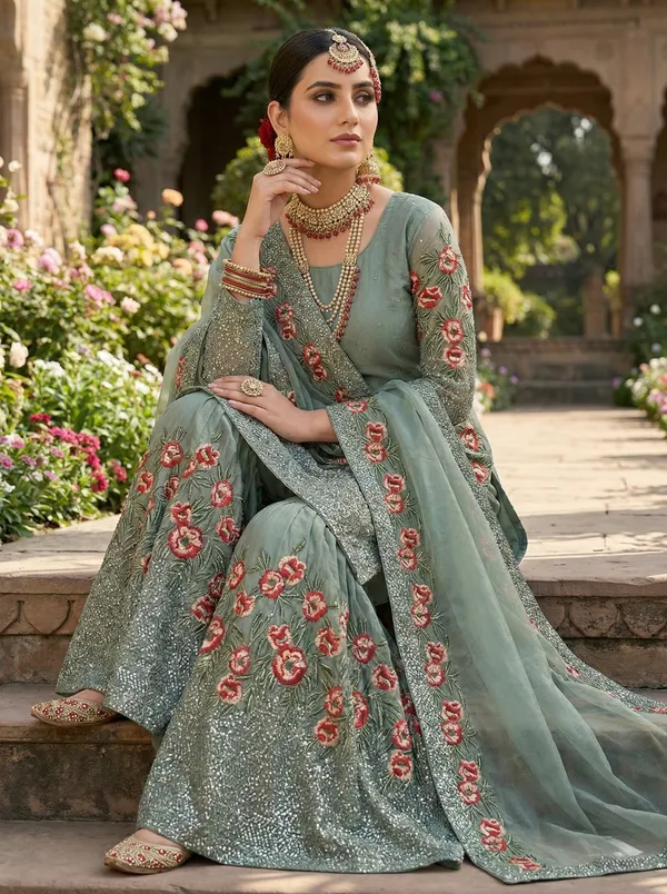 Greyish_Green_Pure_Fendy_Silk_Heavy_Embroidery_Sequence_Kurta_With_Sharara_And_Dupatta_For_Women