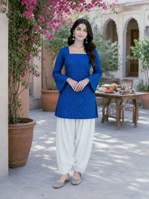 Indigo_Blue_Bandhej_Print_Cotton_Top_With_White_Linen_Farshi_Pant_Set