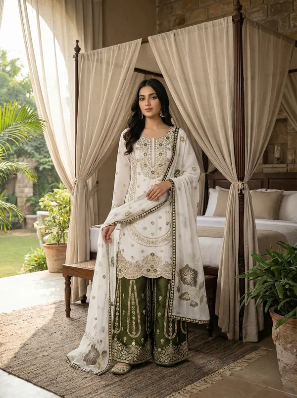 Ivory_Green_Premium_Muslin_Cotton_Kurta_With_Palazzo_&_Organza_Dupatta_For_Women