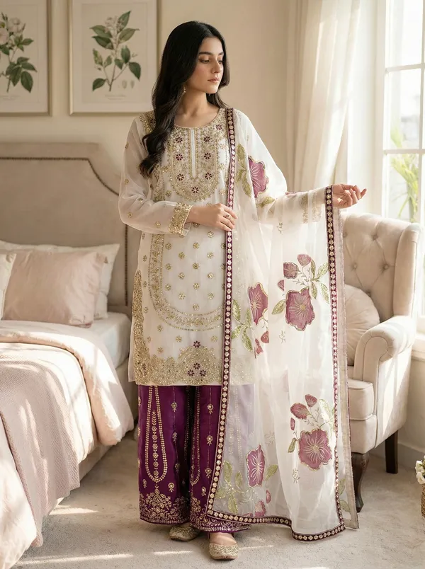 Ivory_Wine_Premium_Silk_Kurta_With_Palazzo_&_Organza_Dupatta_For_Women