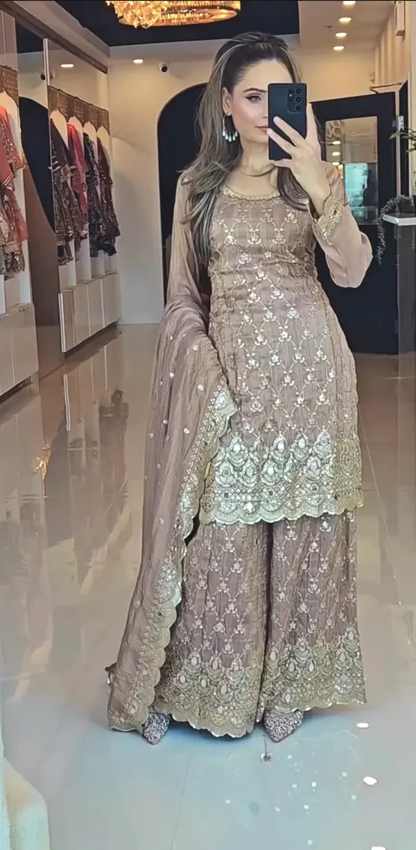 Mocha_Brown_Premium_Chinon_Silk_Sharara_Set_With_Dupatta_For_Women