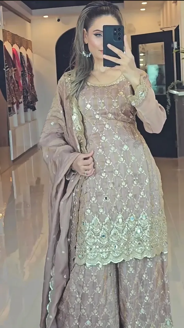 Mocha_Brown_Premium_Chinon_Silk_Sharara_Set_With_Dupatta_For_Women