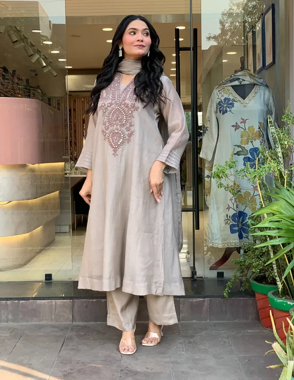 Light_Gray_Muslin_Cotton_Embroidered_Foil_Mirror_Work_Kurta_With_Palazzo_&_Dupatta_Set