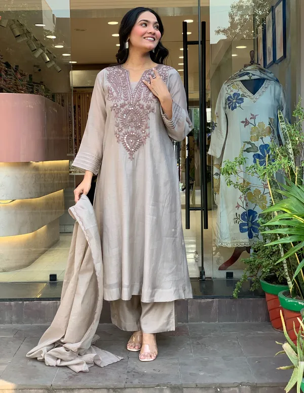 Light_Gray_Muslin_Cotton_Embroidered_Foil_Mirror_Work_Kurta_With_Palazzo_&_Dupatta_Set