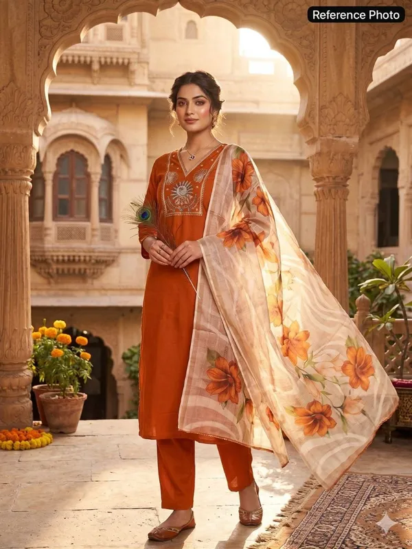 Light_Rust_Elegant_Embroidered_Moti_Work_Designer_Kurti_Pant_Set_With_Chanderi_Dupatta_For_Women