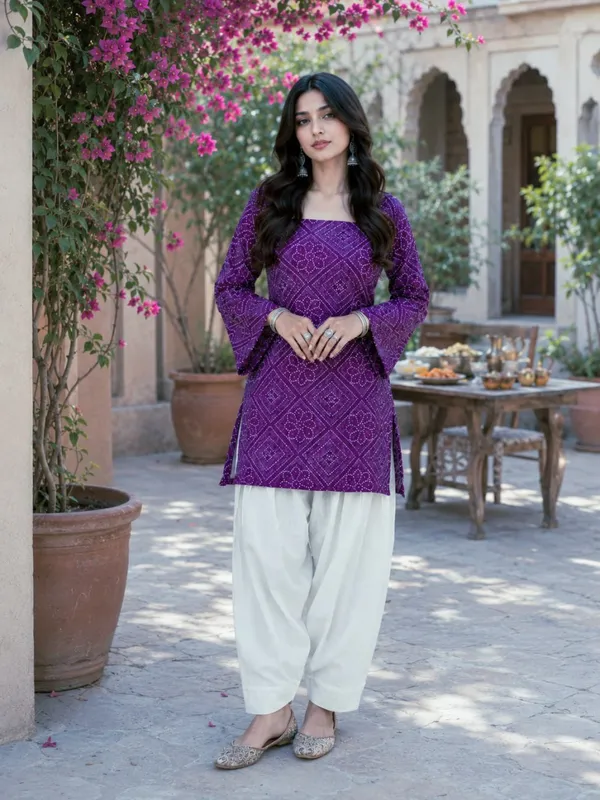 Magenta_Purple_Bandhej_Print_Cotton_Top_With_White_Linen_Farshi_Pant_Set