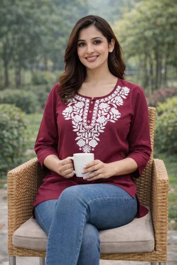 Maroon_Pure_Cotton_Floral_Embroidery_Short_Kurta_Top_For_Women