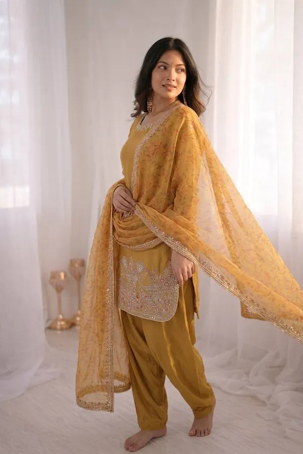 Mustard_Gold_French_Crepe_Silk_Embroidery_Kurta_With_Farshi_Pant_&_Digital_Print_Dupatta_For_Women