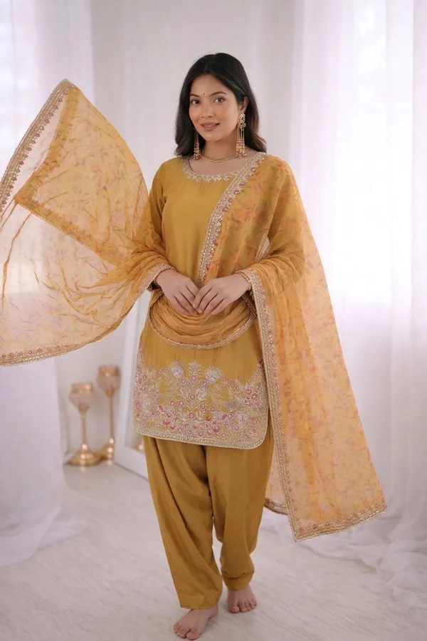 Mustard_Gold_French_Crepe_Silk_Embroidery_Kurta_With_Farshi_Pant_&_Digital_Print_Dupatta_For_Women
