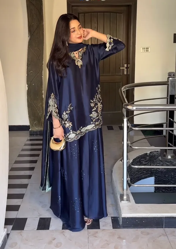 Navy_Blue_Heavy_Crepe_Silk_Embroidered_Kurta_With_Sharara_And_Organza_Dupatta_For_Women