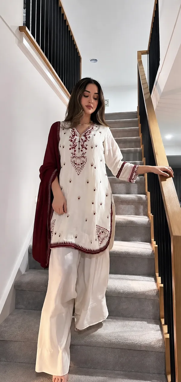 Off_White_HO_Silk_Apple_Cut_Kurta_With_Farshi_Salwar_&_Maroon_Dupatta_For_Women