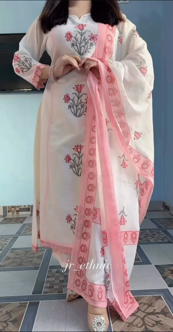 Off_White_Jaipuri_Taj_Cotton_Hand_Block_Print_Ghera_Kurta_With_Pant_And_Dupatta_For_Women