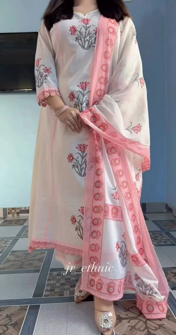 Off_White_Jaipuri_Taj_Cotton_Hand_Block_Print_Ghera_Kurta_With_Pant_And_Dupatta_For_Women