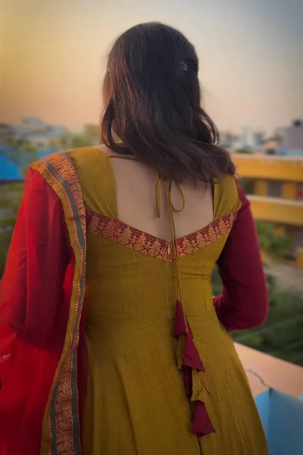 Olive_Mustard_Vichitra_Silk_Jacquard_Woven_Anarkali_Kurta_With_Soft_Net_Dupatta_For_Women