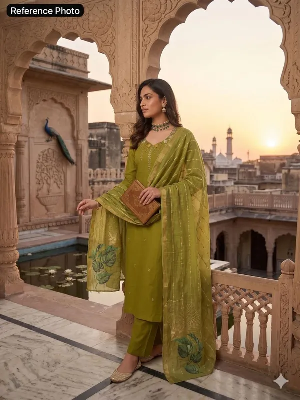 Parrot_Green_Premium_Mul_Chanderi_Kurta_With_Roman_Silk_Pant_&_Jacquard_Dupatta