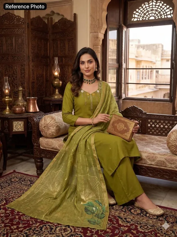 Parrot_Green_Premium_Mul_Chanderi_Kurta_With_Roman_Silk_Pant_&_Jacquard_Dupatta