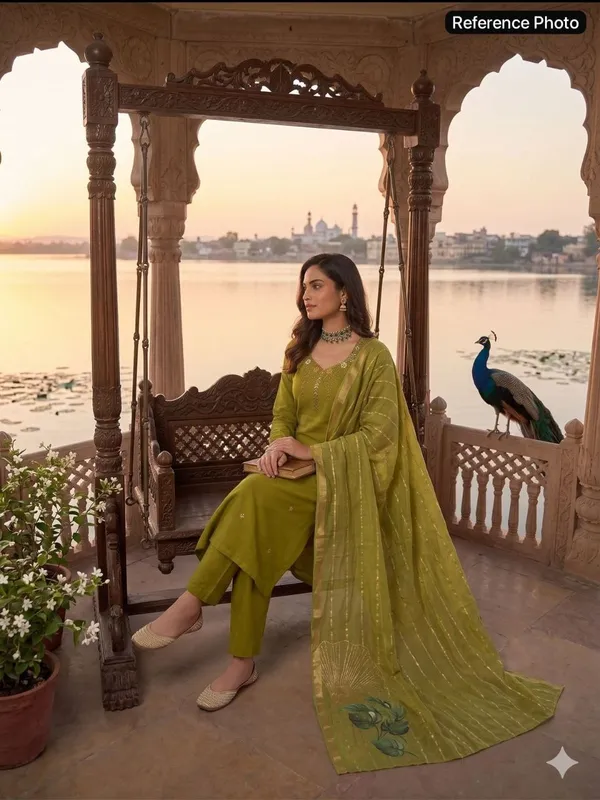 Parrot_Green_Premium_Mul_Chanderi_Kurta_With_Roman_Silk_Pant_&_Jacquard_Dupatta