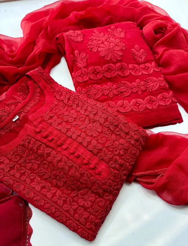 Red_Georgette_Chikankari_Kurti_Set_With_Dupatta_For_Women