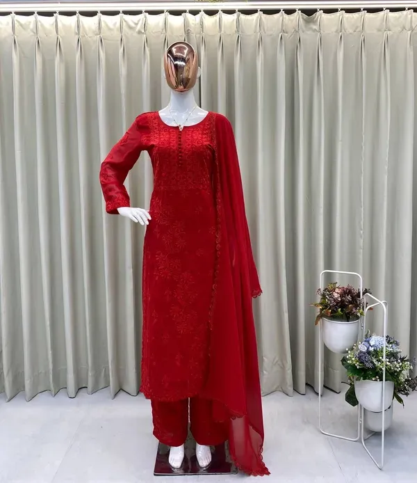 Red_Georgette_Chikankari_Kurti_Set_With_Dupatta_For_Women