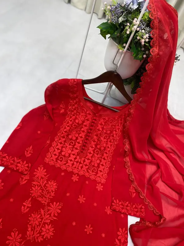 Red_Georgette_Chikankari_Kurti_Set_With_Dupatta_For_Women