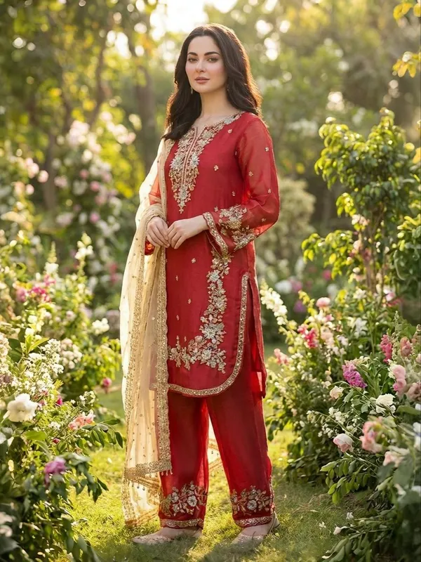 Red_Fendi_Silk_Embroidered_Kurta_Set_For_Women