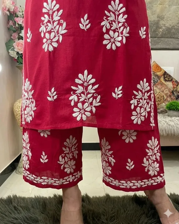 Red_Rayon_Cotton_Chikankari_Embroidery_Kurta_With_Palazzo_For_Women