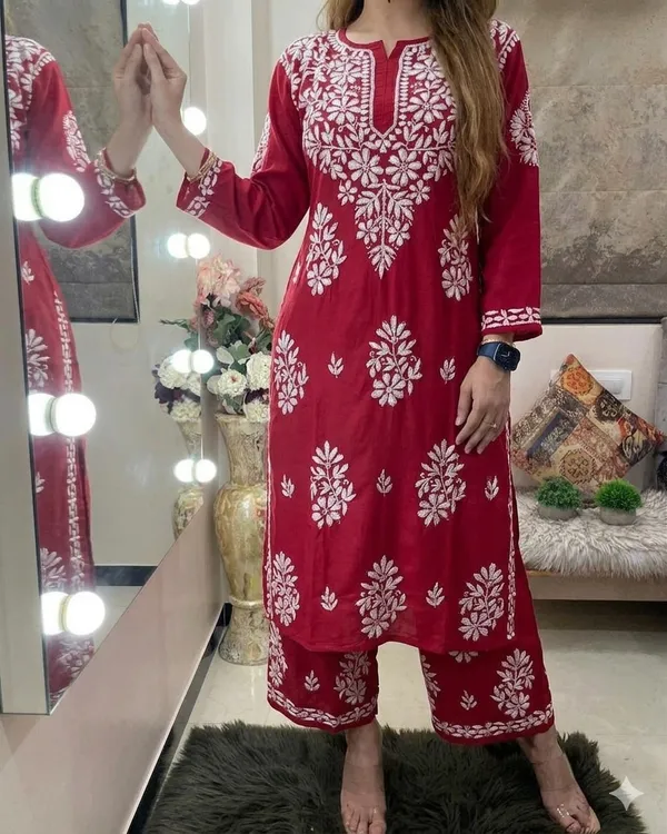 Red_Rayon_Cotton_Chikankari_Embroidery_Kurta_With_Palazzo_For_Women
