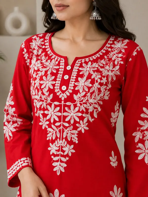 Red_Rayon_Cotton_Chikankari_Embroidery_Kurta_With_Palazzo_For_Women