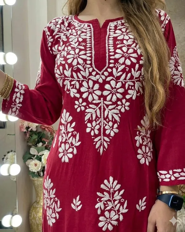 Red_Rayon_Cotton_Chikankari_Embroidery_Kurta_With_Palazzo_For_Women