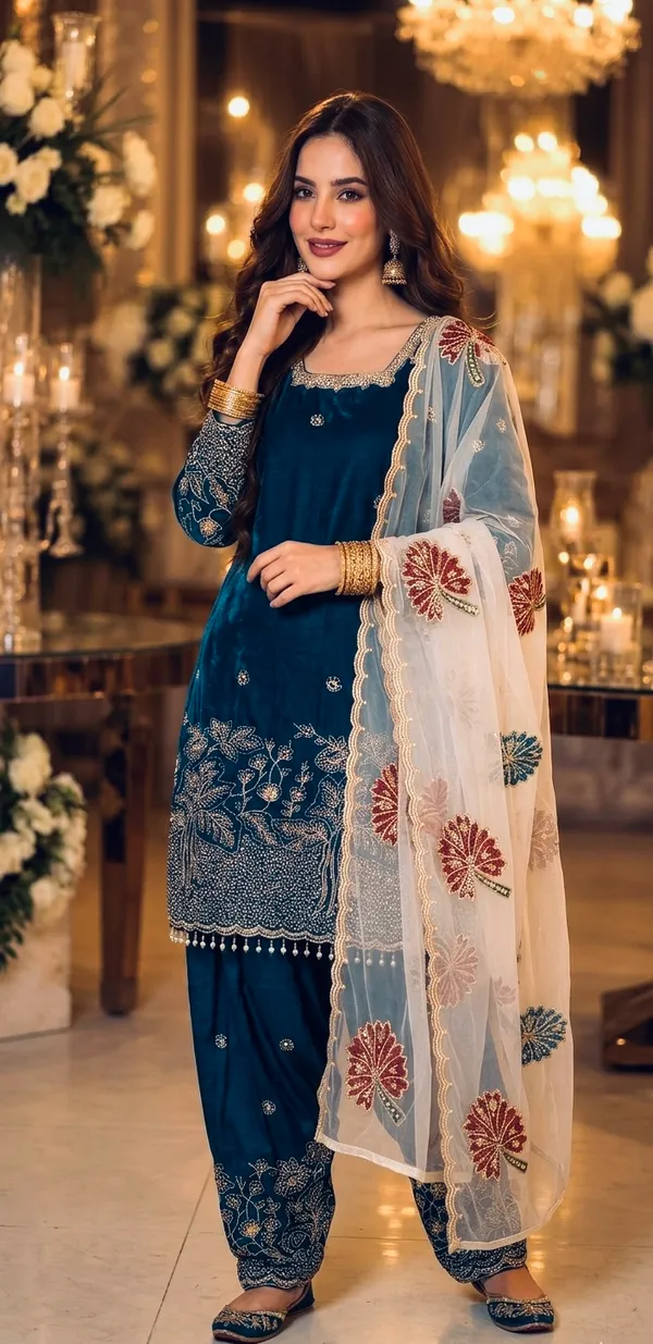 Royal_Blue_Fendi_Silk_Heavy_Embroidered_Kurta_With_Farshi_Palazzo_&_Dupatta_For_Women
