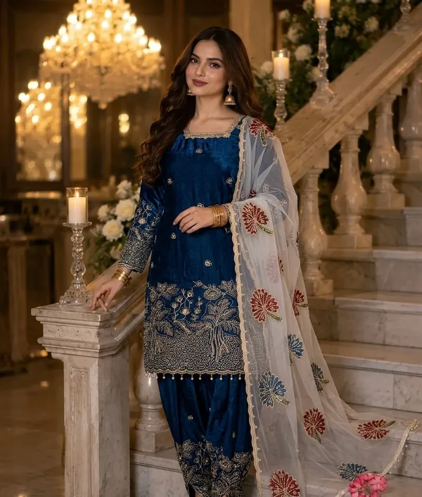 Royal_Blue_Fendi_Silk_Heavy_Embroidered_Kurta_With_Farshi_Palazzo_&_Dupatta_For_Women