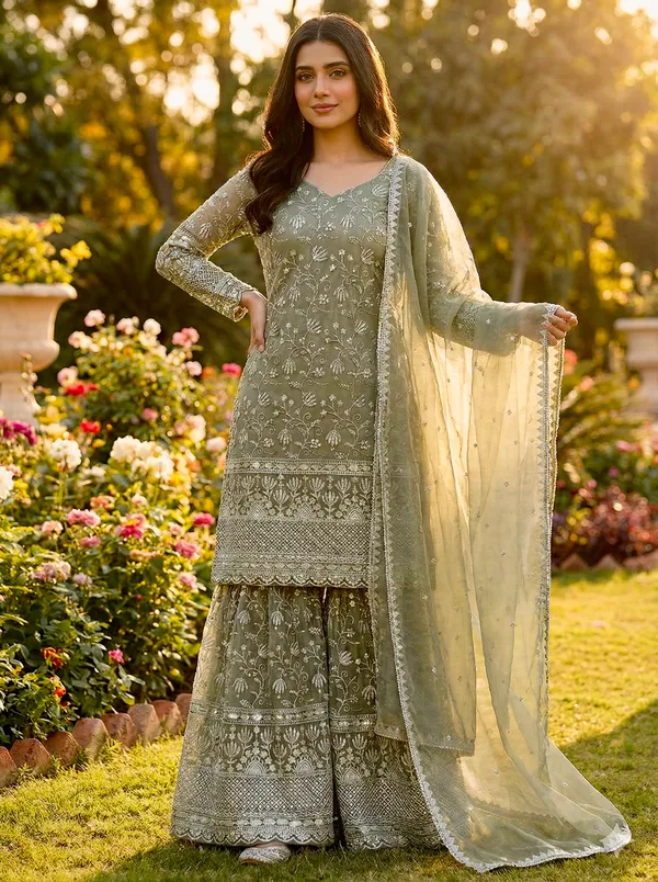 Sage_Green_Premium_Roman_Silk_Kurta_Sharara_With_Dupatta_For_Women