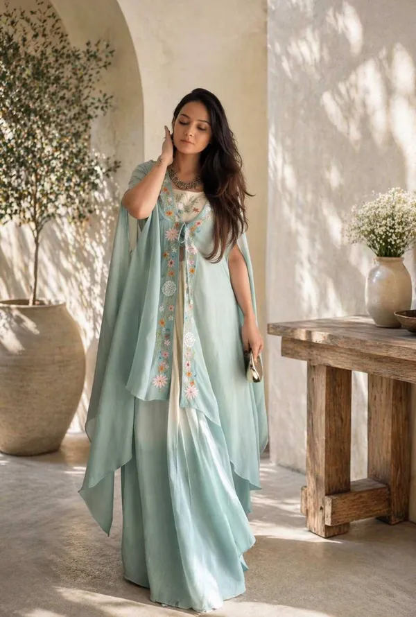 Sky_Blue_Premium_Banglory_Silk_Embroidery_Blouse_With_Teby_Silk_Lehenga_&_Shrug_For_Women
