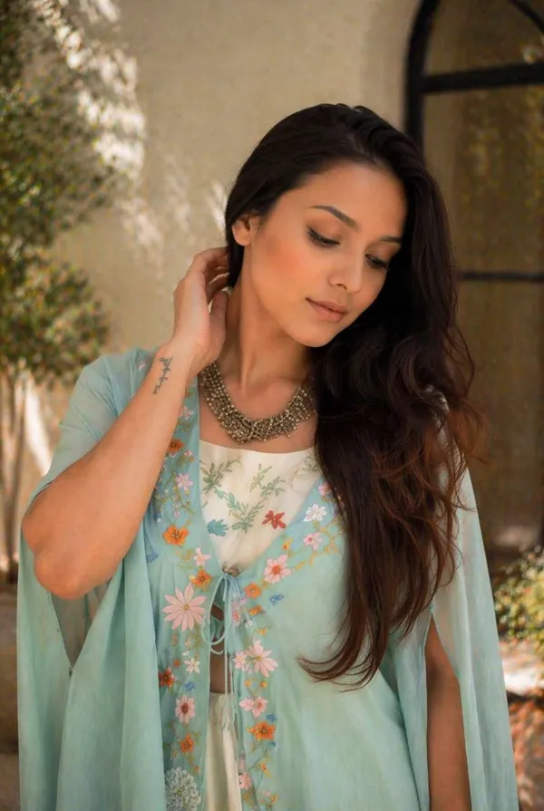 Sky_Blue_Premium_Banglory_Silk_Embroidery_Blouse_With_Teby_Silk_Lehenga_&_Shrug_For_Women