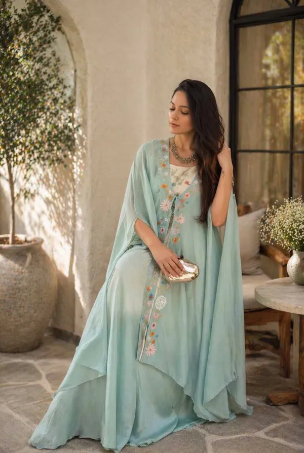 Sky_Blue_Premium_Banglory_Silk_Embroidery_Blouse_With_Teby_Silk_Lehenga_&_Shrug_For_Women