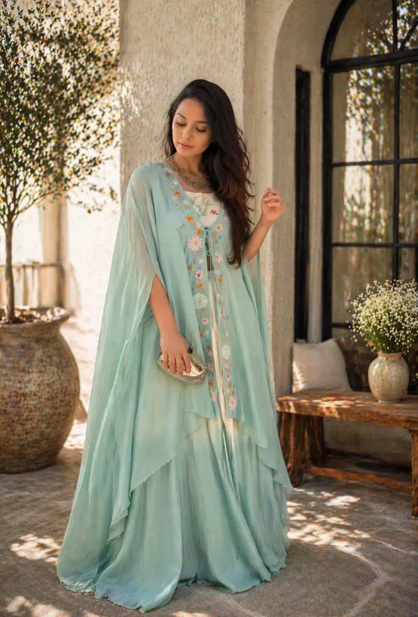Sky_Blue_Premium_Banglory_Silk_Embroidery_Blouse_With_Teby_Silk_Lehenga_&_Shrug_For_Women