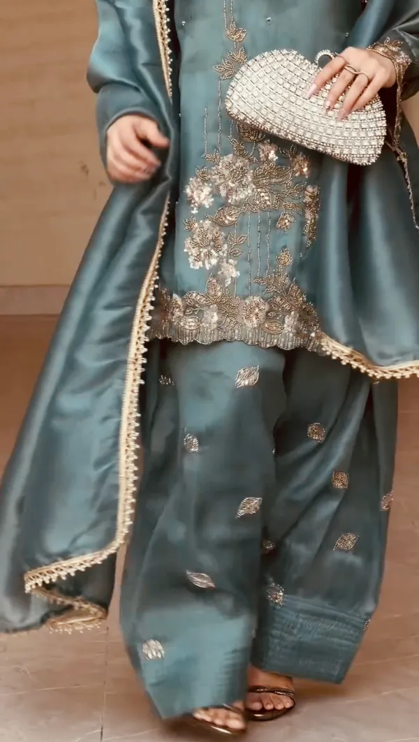 Teal_Blue_Gmy_Silk_Embroidery_Coding_Sequence_Kurta_With_Farshi_Pant_And_Dupatta_For_Women