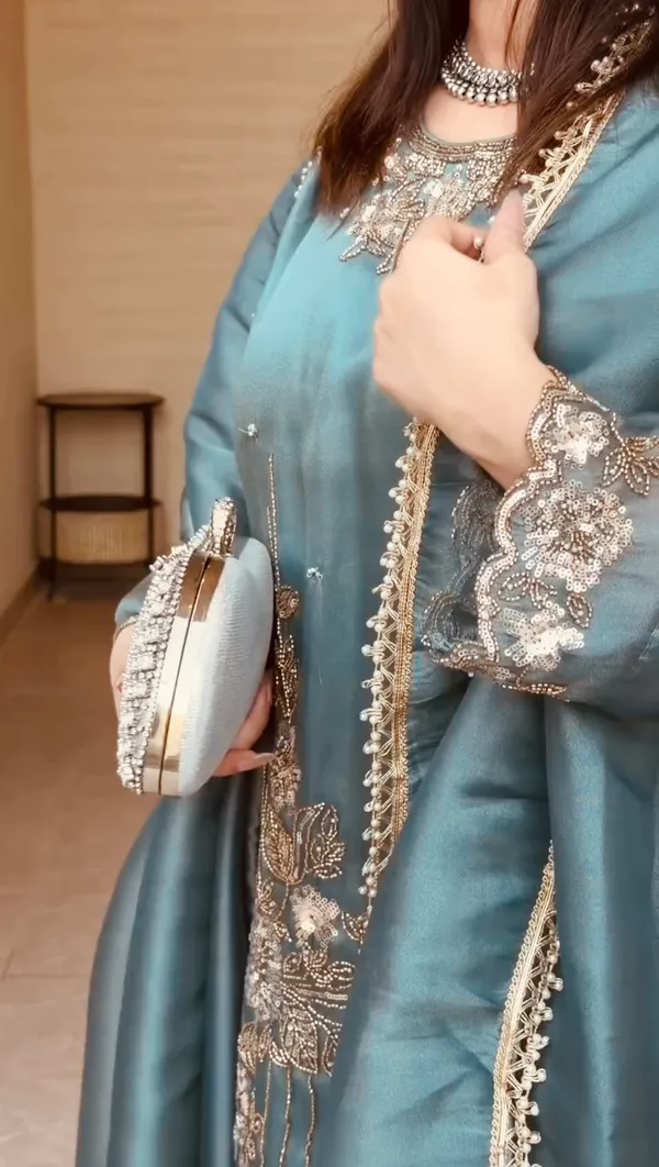 Teal_Blue_Gmy_Silk_Embroidery_Coding_Sequence_Kurta_With_Farshi_Pant_And_Dupatta_For_Women