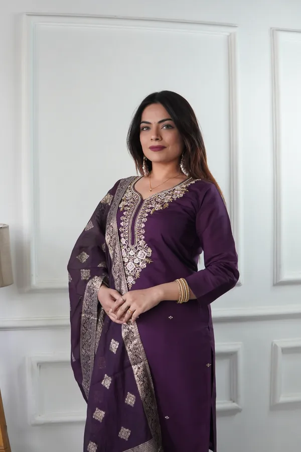 Wine_Elegant_Embroidered_Roman_Silk_Kurta_With_Pant_And_Dupatta_For_Women
