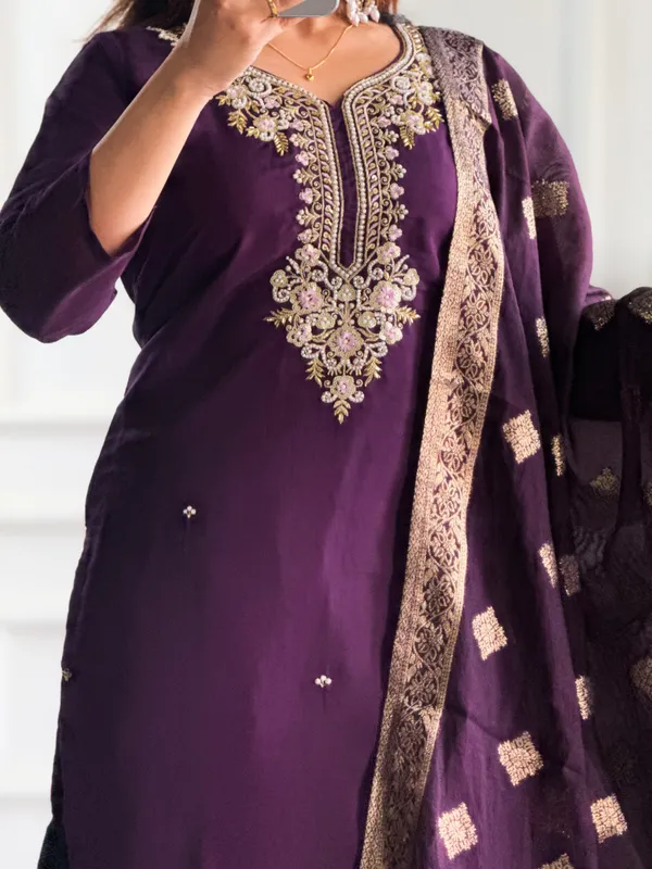 Wine_Elegant_Embroidered_Roman_Silk_Kurta_With_Pant_And_Dupatta_For_Women