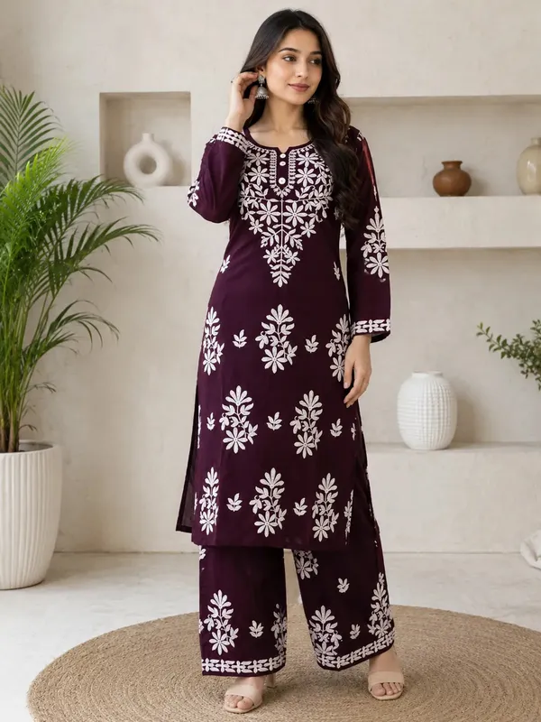 Wine_Rayon_Cotton_Chikankari_Embroidery_Kurta_With_Palazzo_For_Women