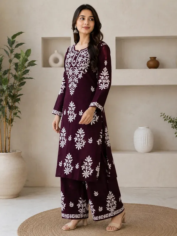 Wine_Rayon_Cotton_Chikankari_Embroidery_Kurta_With_Palazzo_For_Women